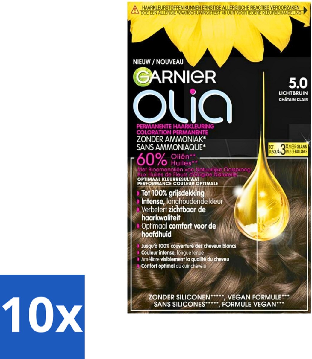 10 x Garnier - Olia 5 - Haarkleuring - Lichtbruin - Zonder Ammoniak - 60% Olie - Permanente Kleur - Haarkleuring - Permanent - Zonder Ammoniak - 60% Olie - Lichtbruin
