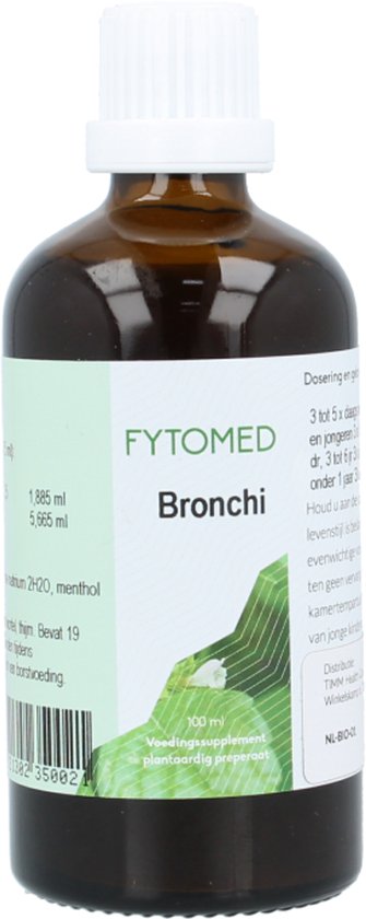 Bruine fles met witte dop. Groen label met 'FYTOMED Bronchi' en afbeelding van bladeren. "100 ml"