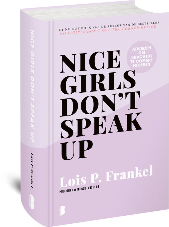 Boek 'Nice Girls Don't Speak Up' in het Nederlands, met een paarse en roze kaft met de titel in grote zwarte letters.