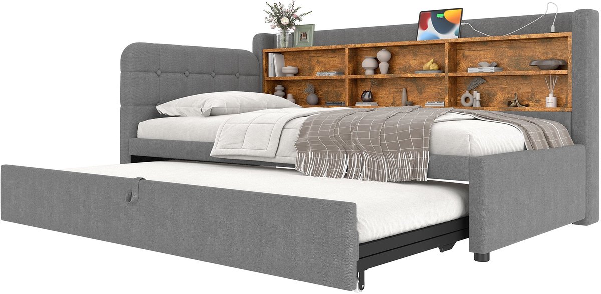 Merax Logeerbed 90x200 - Uitschuifbaar Slaapbank Design 180x200 - Gestoffeerd in Linnen - USB en Type-C Opladen - Met Houten Lattenbodem - Grijs