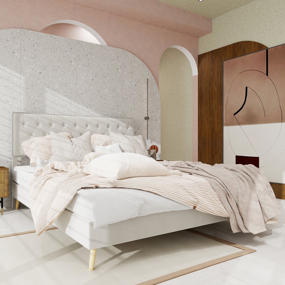 Merax Gestoffeerd Bed 160x200cm – Beige – Queensize Tweepersoonsbed met Comfortabel Hoofdbord
