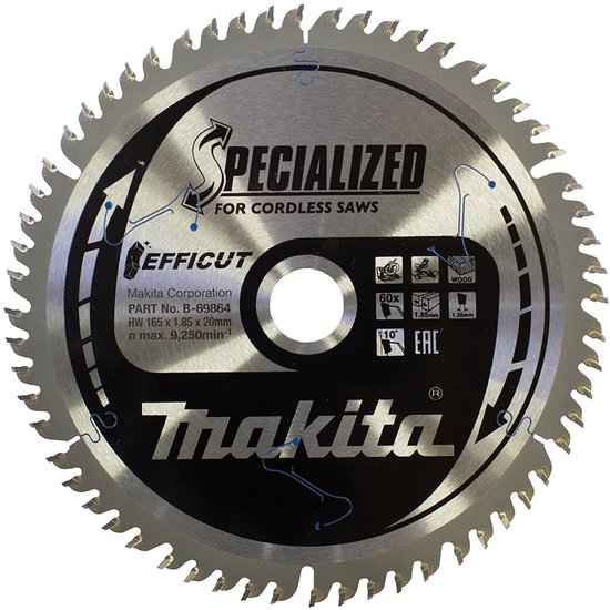 Makita Efficut cirkelzaagblad, Ø 165mm, 20mm asgat, 60 tanden. Voor hout.