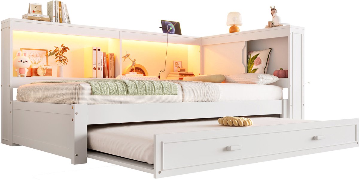 Merax Kinderbed 90x200 Cm - Eenpersoonsbed met Extra Uittrekbaar Bed 90x190 - LED-Verlichting USB en USB-C - Wit