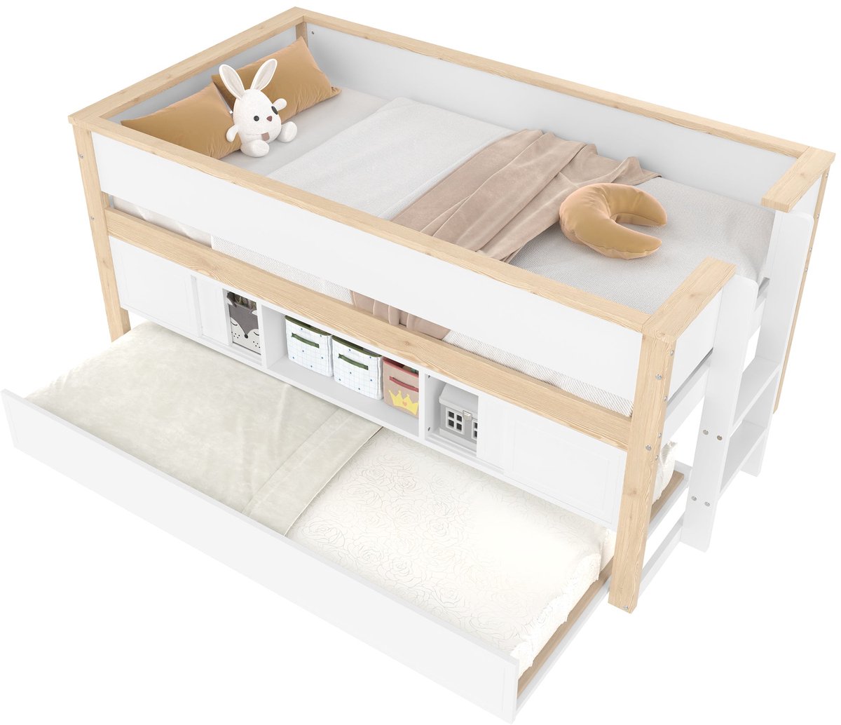 Merax Halfhoogslaper 90x200 cm - Kinderbed met Extra Bed en Opbergruimte - Massief Houten Half Hoogslaper - Wit met Bruin