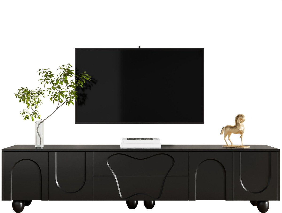 Merax TV-Meubel 180 Cm Zwart Met Houten Poten - Modern TV-Kast Met Veel Opbergruimte En Lades - Minimalistisch En Stijlvol TV-Meubel Voor Woonkamer
