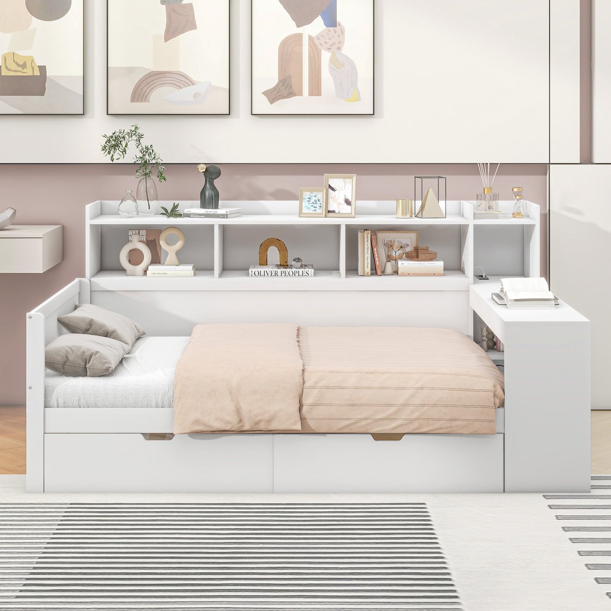 Merax Slaapbank 90x200 cm - met opbergplank - bed met stopcontact en USB-aansluiting - 2 laden - bureau - zonder matras - wit