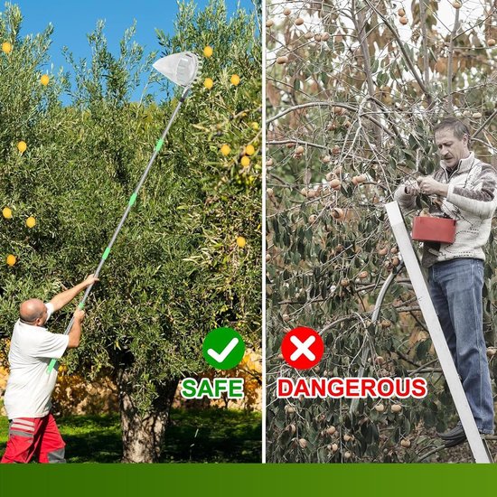 Fruitplukker - Appelplukker - Lange fruitpluktool met telescopische steel - Fruitgrijper met telescopische steel en opbergtas - Fruitpluktool voor kersen, bessen, sinaasappels, peren, citroenen - Snoeigereedschap - 4M - Zilver / Groen — afbeelding 4