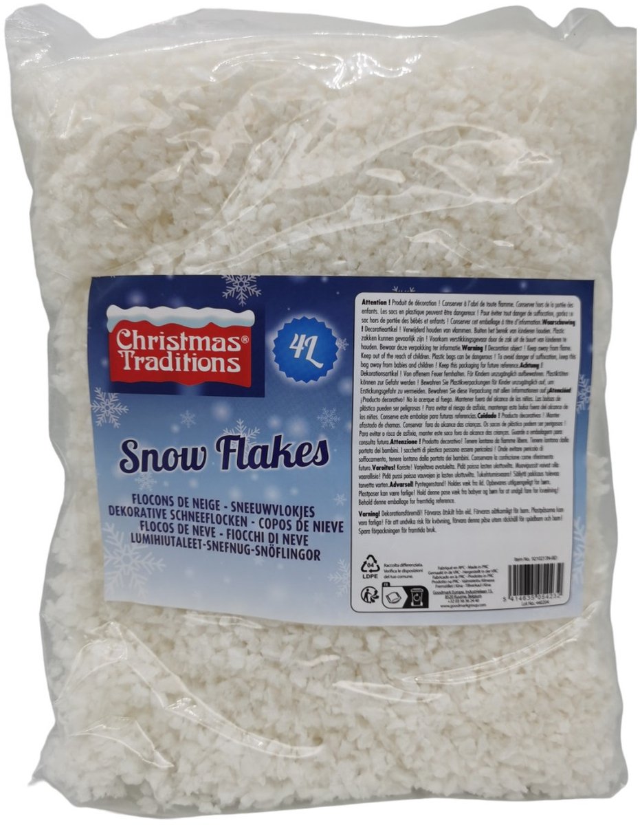 Christmas Traditions Kunstsneeuw - 2x - zak 4 liter - wit - biologisch afbreekbaar - sneeuwvlokken - nepsneeuw - bio sneeuw
