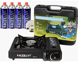 Gaskocher Camping-Draagbaar Gasvuur -Met Gratis 4 kookstel gasflessen.
