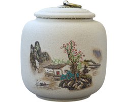 JinSho - Ceramic Tea Canister - Thee Voorraadpot - Japanese Village - 800ml - JinSho Theebus – Thee Voorraadpot met Deksel – Japans Design