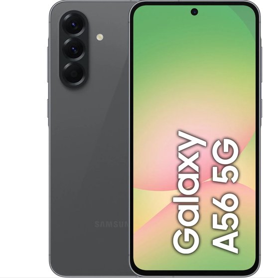 Samsung Galaxy A56 5G gris avec un écran affichant le texte "Galaxy A56 5G".