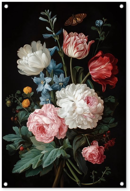 Tuinposter 60x90 cm - Tuindecoratie Boeket - Kleurrijk - Klassiek - Poster voor in de tuin - Buiten decoratie - Schutting tuinschilderij - Tuindoek muurdecoratie - Wanddecoratie balkondoek