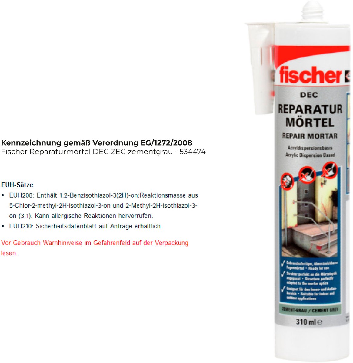 Fischer reparatiemortel DEC ZEG cementgrijs - 534474