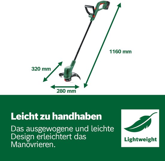Technische tekening van de Bosch grastrimmer met afmetingen (1160 mm, 320 mm, 280 mm) en tekst 'Leicht zu handhaben' (makkelijk in gebruik).
