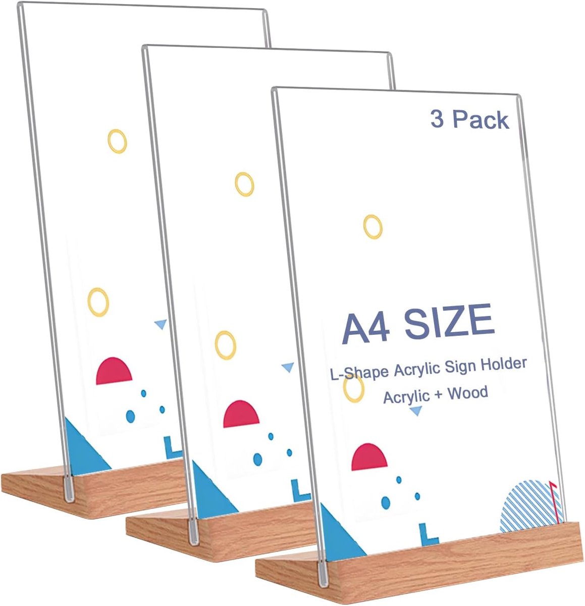 A4 acryl standaard met houten sokkel - set van 3 voor posters en menukaarten