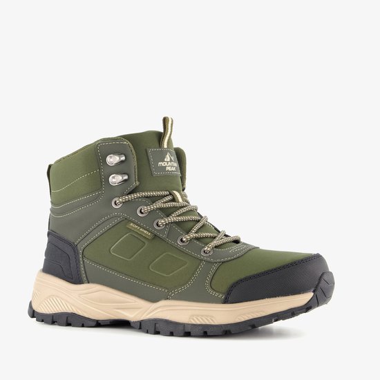 Militaire groene wandelschoen met beige zool en veters. "Soft Shell"-logo op de zijkant.