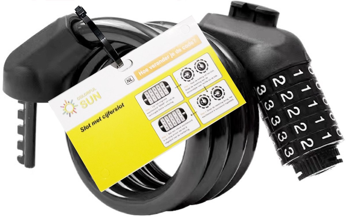 Colorful Sun® Fietsslot met cijferslot - Ø12mm / 150cm - Met vaste beugel - 1 stuk - Kabelslot Fiets - Slot voor Fietsen - Motorslot - Fietssloten electrische fietsen - Code Kabelslot - Cijfercombinatieslot - Zwart – foto 6