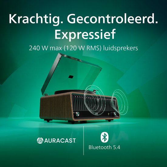 Retro platenspeler met houten afwerking, zwart front met lamellen en luidssprekers.