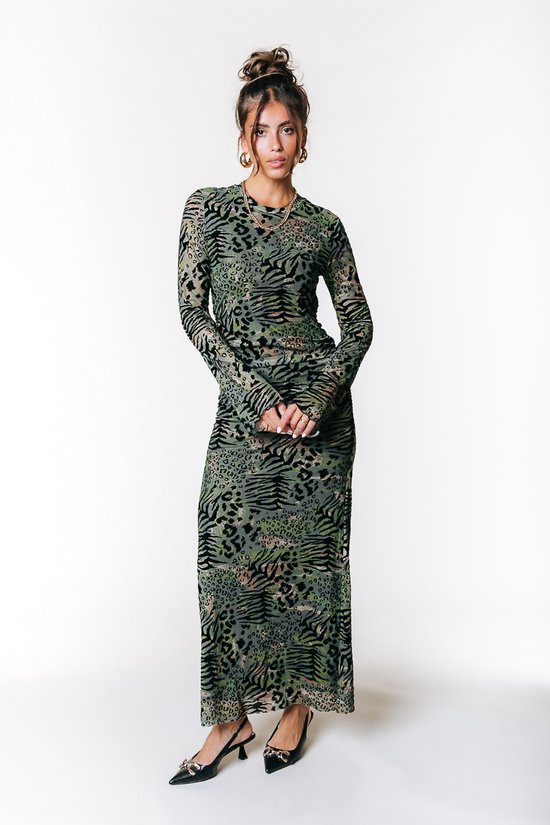 Colourful Rebel - Maude Multi Leopard Flock Mesh Maxi Dress LS - Dames - Jurken