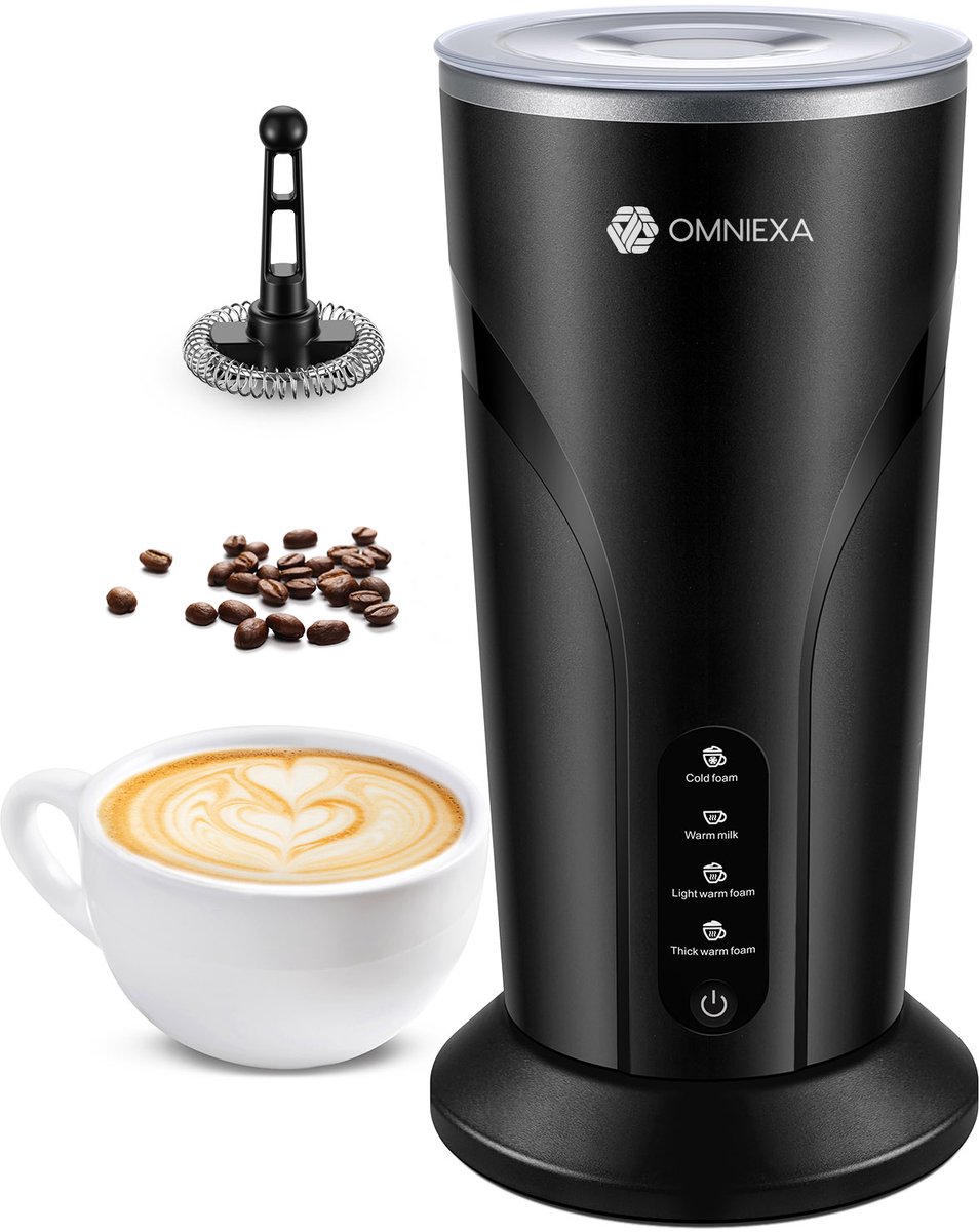 Omniexa Elektrische Melkopschuimer- 300ml – 4-in-1 Draadloos & Stil – Warm & Koud Melkopschuim – Luxe Barista Melkopschuimer met Warmhoudfunctie - Zwart