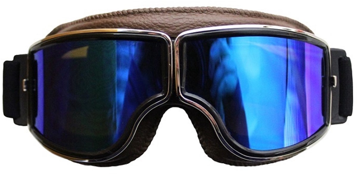 CRG Cruiser Motorbril - Bruin Leren Motorbril - Retro Motorbril Heren - Blauw Reflecterend Glas