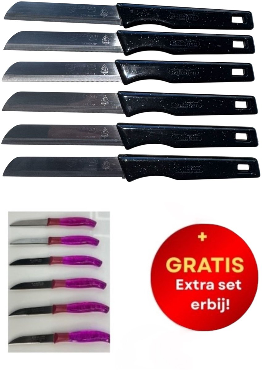 6 + 6 GRATIS! Solingen - Zwarte Messen - Vlijmscherp met Kartel + Gratis Kosova Messenset Groen