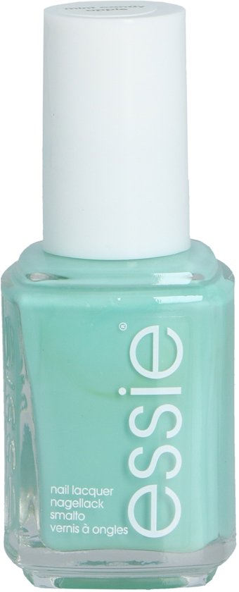 Flesje mintgroene Essie nagellak met witte dop. De tekst 'essie nail lacquer' staat op het flesje.