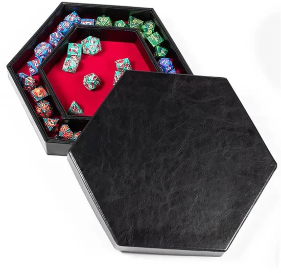 Foto: Joya dice dobbelsteen bewaardoos dice tray dungeons and dragons dice box d d dobbelstenen opbergdoos kunstleer zwart met rode velours binnenkant hexagon vorm voor ttrpg dobbelstenen