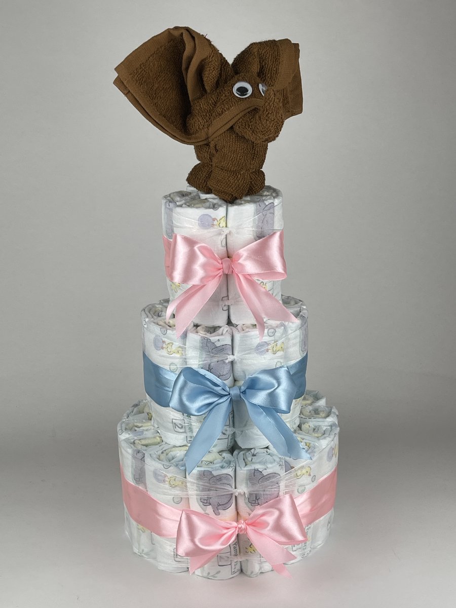 Chouette-Chouette | Luiertaart Neutraal | Kraamcadeau | Geboorte Jongen Meisje | Babyshower | Olifant clay Bruin - Roze - Blauw