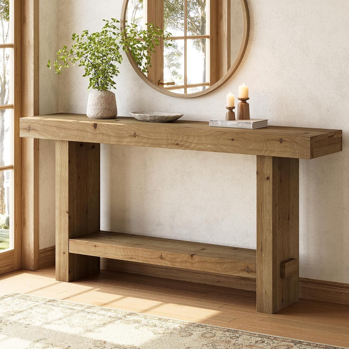 Tribesigns Consoletafel van Massief Hout - Sidetable - Hout - Bruin - Industrieel - 160 x 30 x 80 cm - 2 Laags Smalle Landelijke Woonkamertafel voor Entree, Hal, Woonkamer