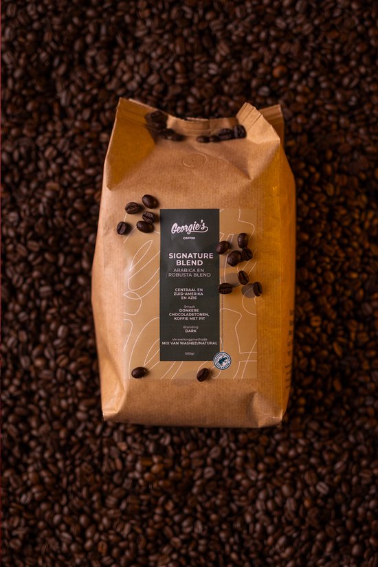 Georgie’s Arabica & Robusta Koffiebonen 1 kg - Signature Blend (70% Arabica en 30% Robusta) – 2x500g (Koffiebonen 1 kg) – Vers Gebrande Espresso Koffiebonen / Espresso mix – Krachtig & Chocoladeachtig – Premium RFA Koffiebonen