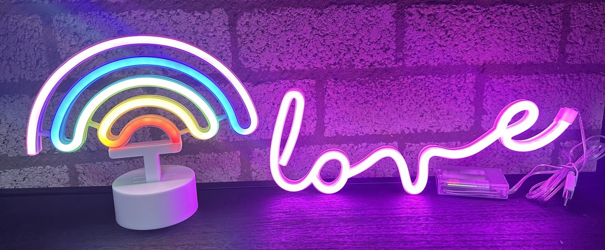 LED regenboog en love met neonlicht - Set van 2 stuks - multicolour en roze neon licht - hoogte 20 x 22.5 x 8.5 cm / 13.5 x 34.5 x 2 cm - Werkt op batterijen en USB - Tafellamp & Wandlamp - Nachtlamp - Decoratieve verlichting - Woonaccessoires