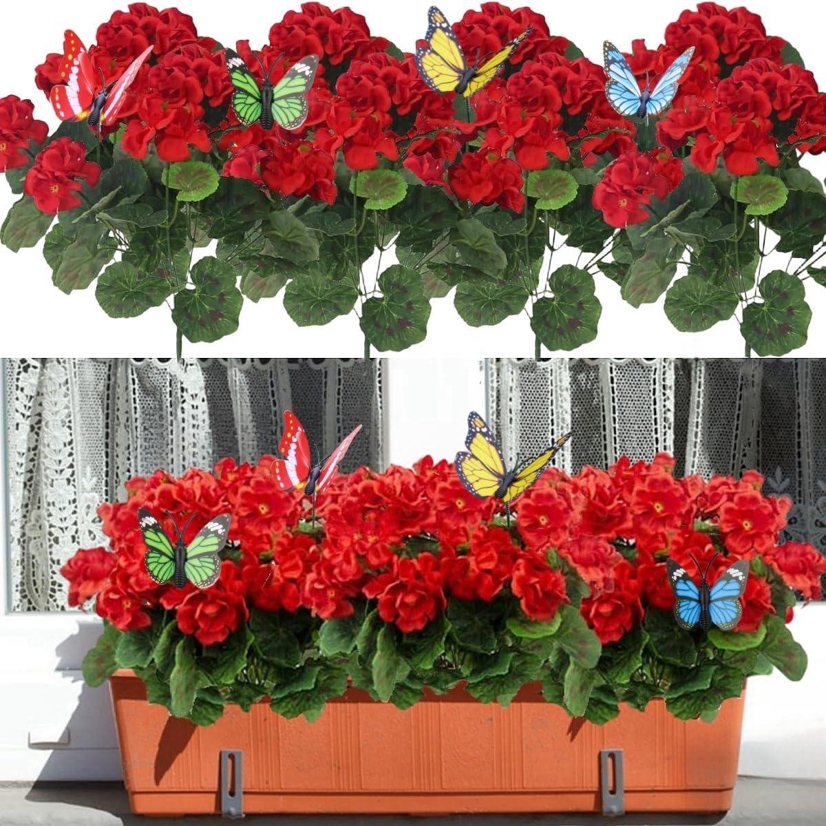 Allecto plus - Kunstbloemen voor buiten, geraniums en kunstplanten - set van 4 - lente/zomer decoratie - UV-bestendig - voor tuin, veranda, bruiloft - rood