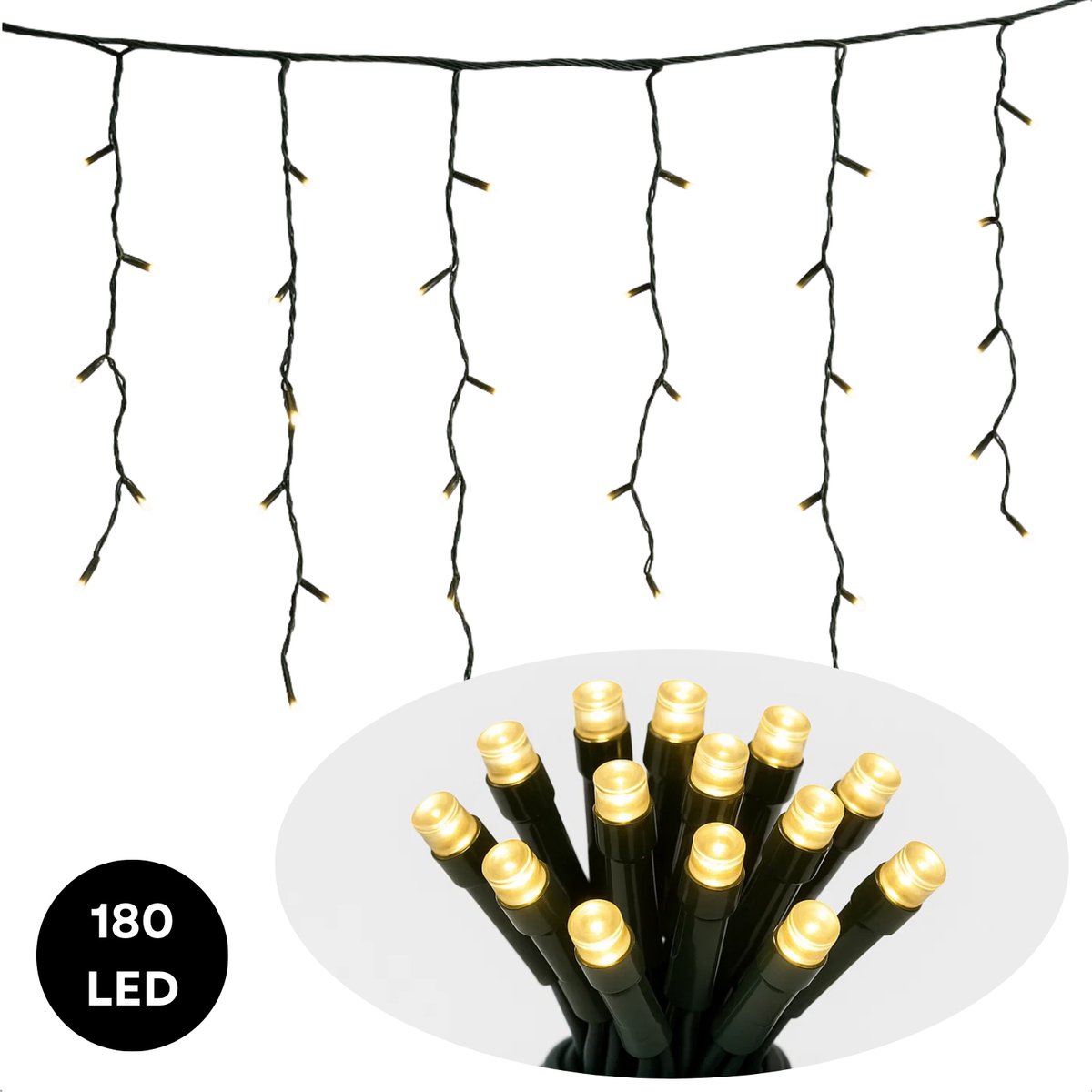 Lomera Ijspegel Verlichting - Kerstlampjes - Ijspegelverlichting Warm Wit - 180 Led's - 6 Meter - Lichtgordijn - Kerstverlichting - Geschikt voor Binnen en Buiten - IP44 Adapter - 3 Meter Aanloopsnoer - Raamdecoratie - Muurdecoratie