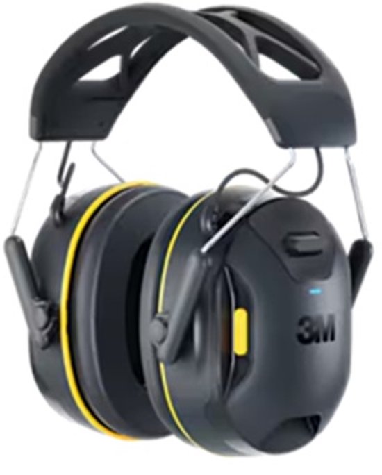 Cache-oreilles 3M WorkTunes Connect noirs avec accents jaunes. Avec logo 3M et indicateur bleu.