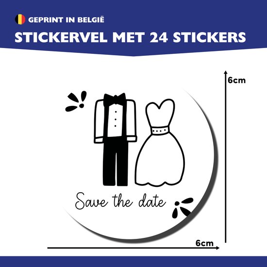 Sticker met een getekende trouwjurk en smoking. "Save the date" tekst. 6cm diameter.