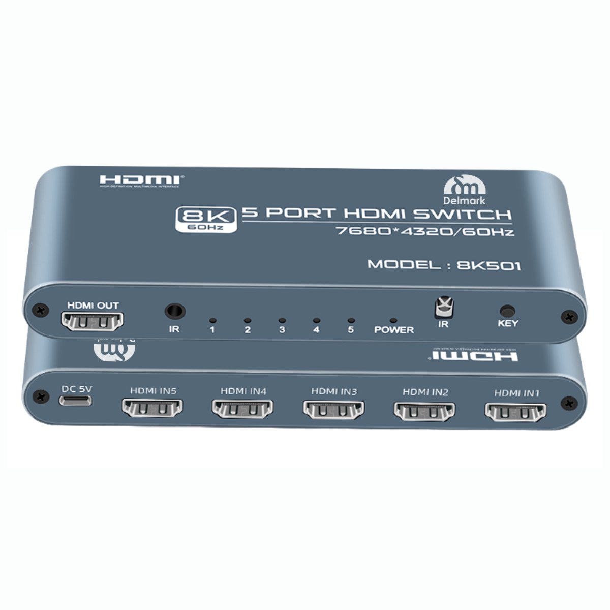 Delmark 5 naar 1 HDMI 2.1 Switch - 8K/60Hz - Aluminium Behuizing - IR Afstandsbediening - 5 apparaten op 1 Monitor