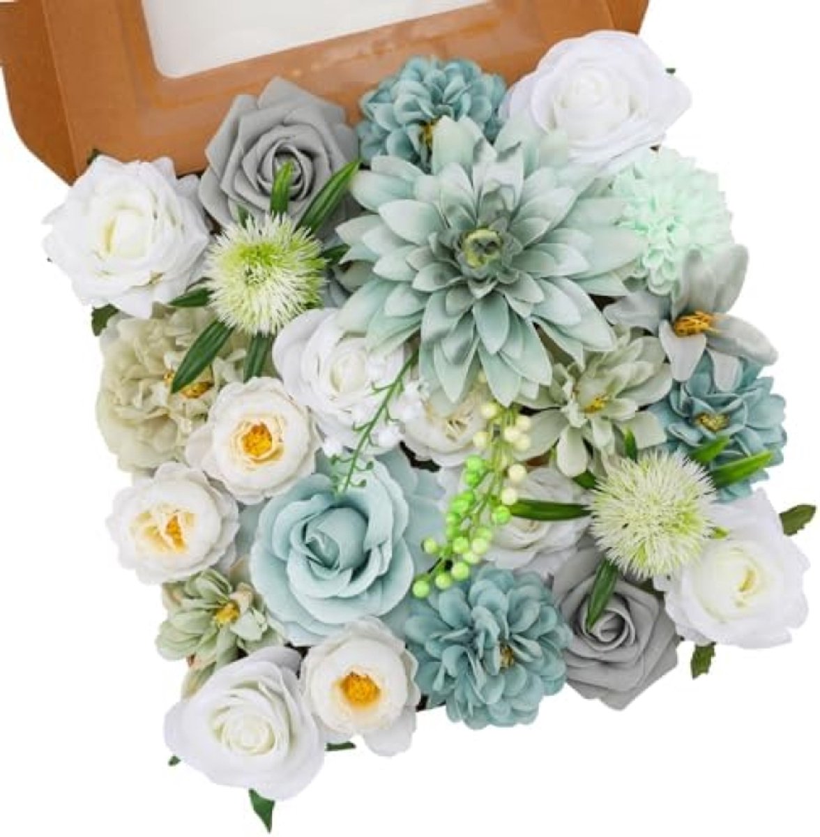 PromoHome Kunstbloemen Set Blauwgroene Mix - 10 Stuks Zijden Dahlia's en Rozen met Stengels voor Bruiloft Decoratie, Tafelstukken en Woondecor