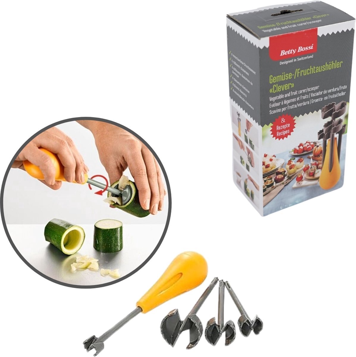 Betty Bossi Fruit en groentesnijder, fruit uitholler, Pompoen bewerken - Ontpitter voor Halloween - Keukenhulp - Groene en Fruit bewerker - Groene snij set