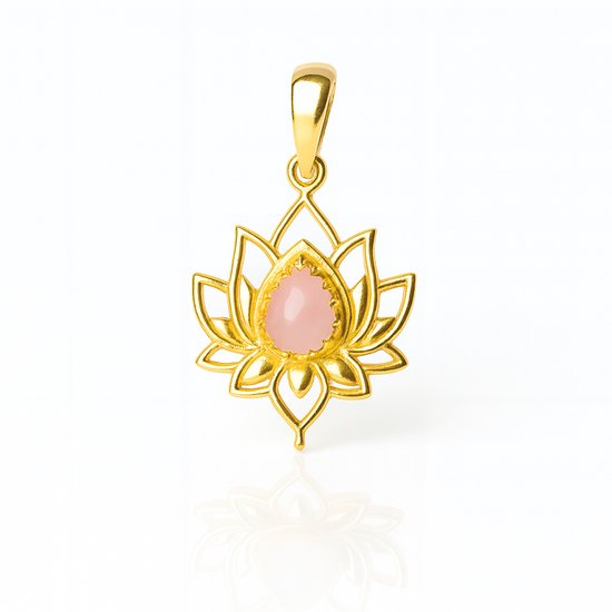 Natuursieraad - 925 sterling zilver rozenkwarts lotus ketting hanger goldplated - edelsteen sieraden