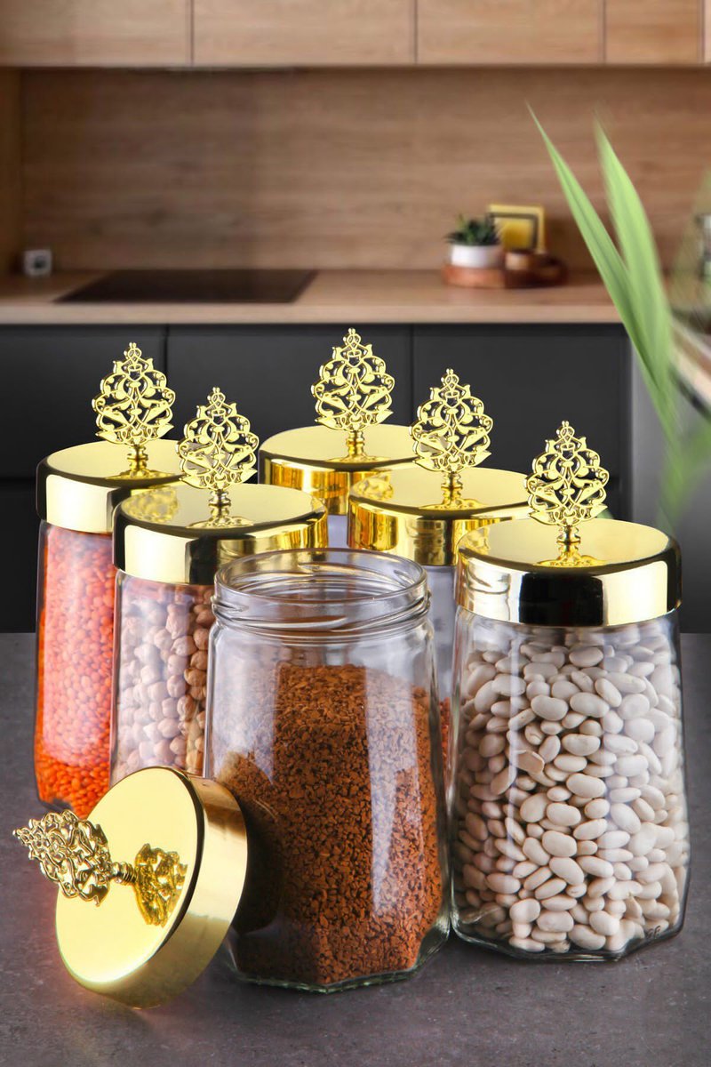 Asir Opslagbox set (6 stuks) - Transparant Goud - 100% Glas - Vaatwasmachinebestendig
