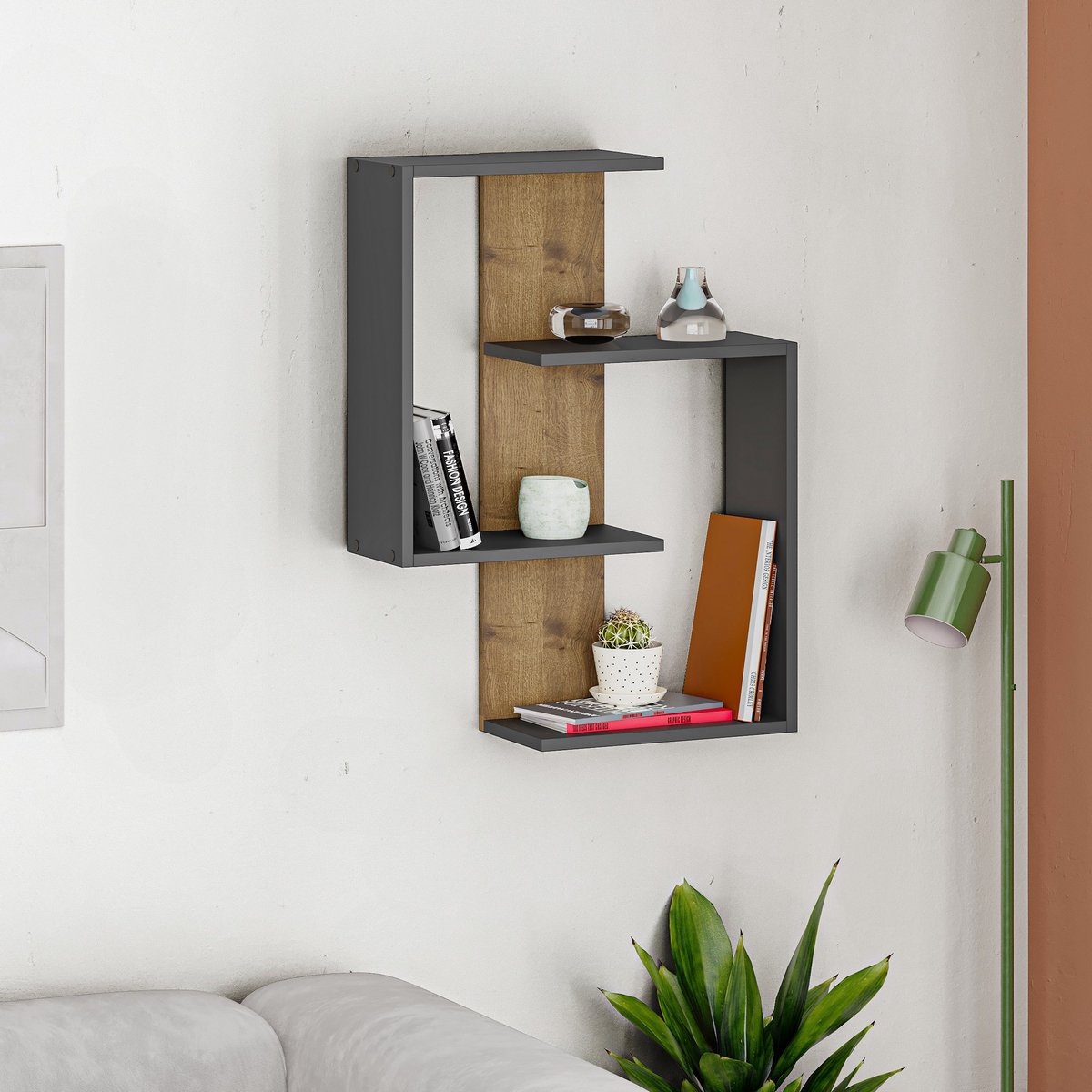 Asir - Wandplank - Antraciet en Eik - 85 x 64 x 22 cm