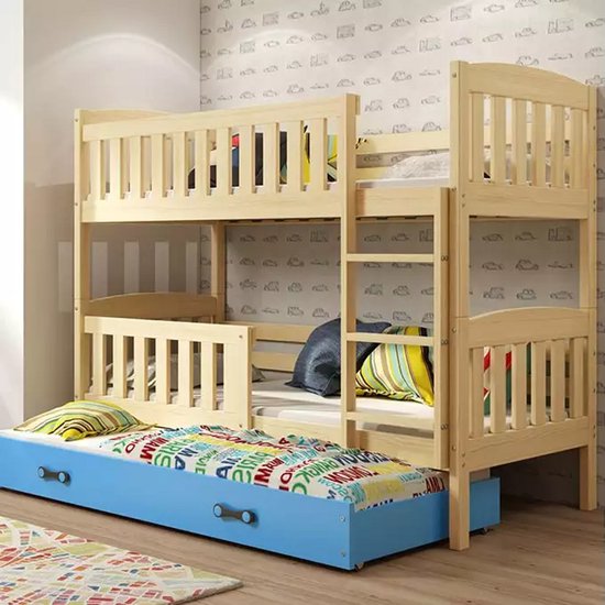 CUBE | Lit triple pour jeunes BMS | 90x190 cm | Pin/ Blue | Avec Matelas et tiroir