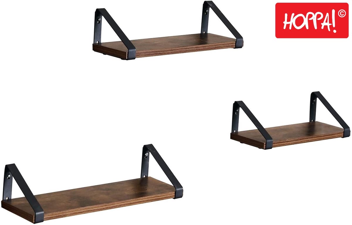 Hoppa! 3 Wandplanken - Zwart/Bruin - Metaal - 40/35/30 x 12 x 11 cm (L x D x H)