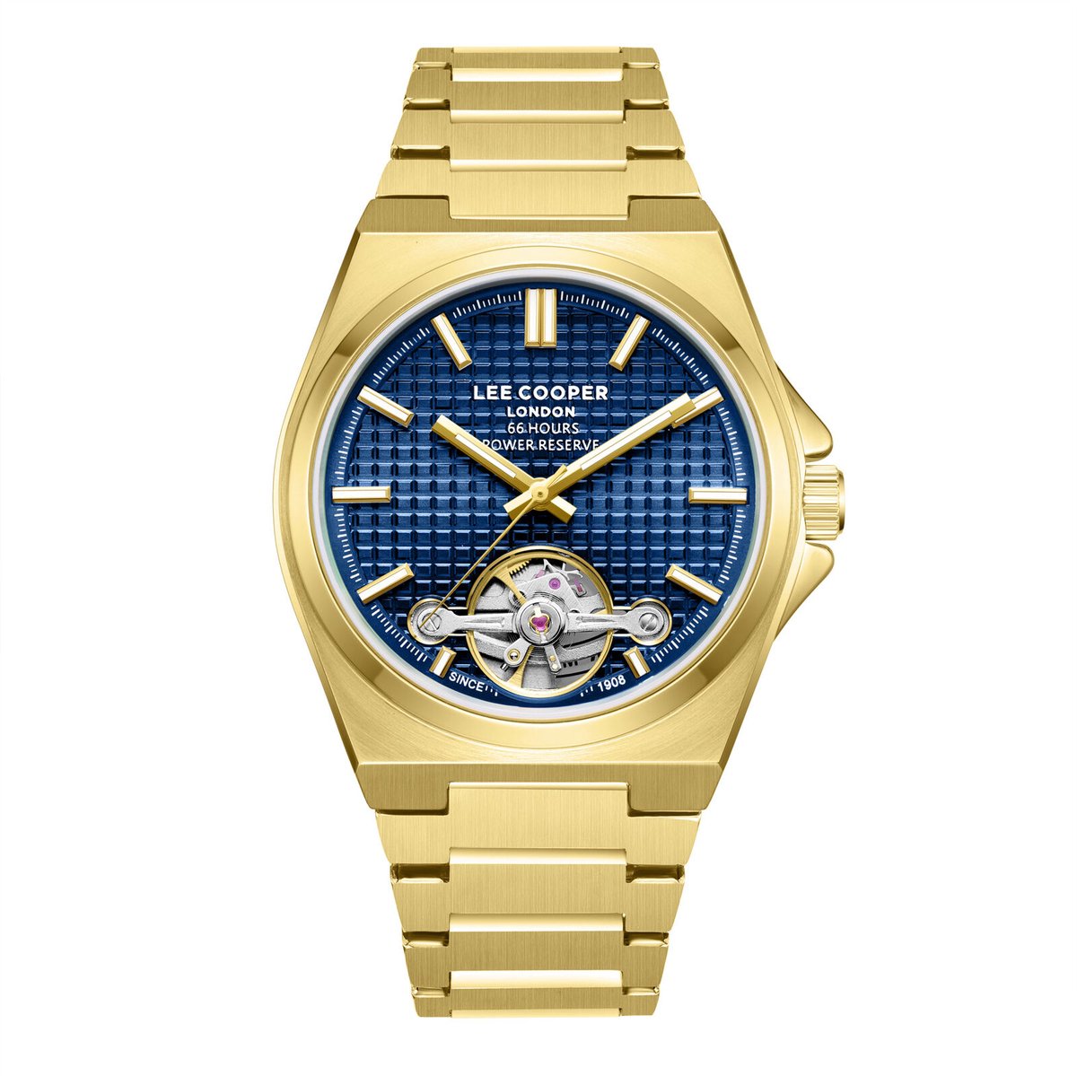 Lee Cooper LC08229.190 - Horloge - Polshorloge - Analoog - Automatisch - Mannen - Heren - Stalen band - Metaal - Vierkantjes - Rond - Agerond vierkant - Skeleton - Strepen - Goudkleurig - Zilverkleurig - Donkerblauw - Wit - Roos