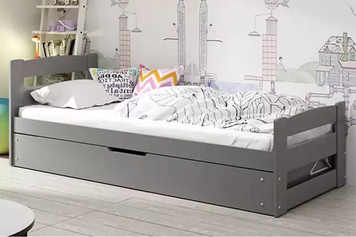 BMS ERNI - Eenpersoonsbed - 90x200 cm - Grijs - Inclusief Matras en Opbergruimte