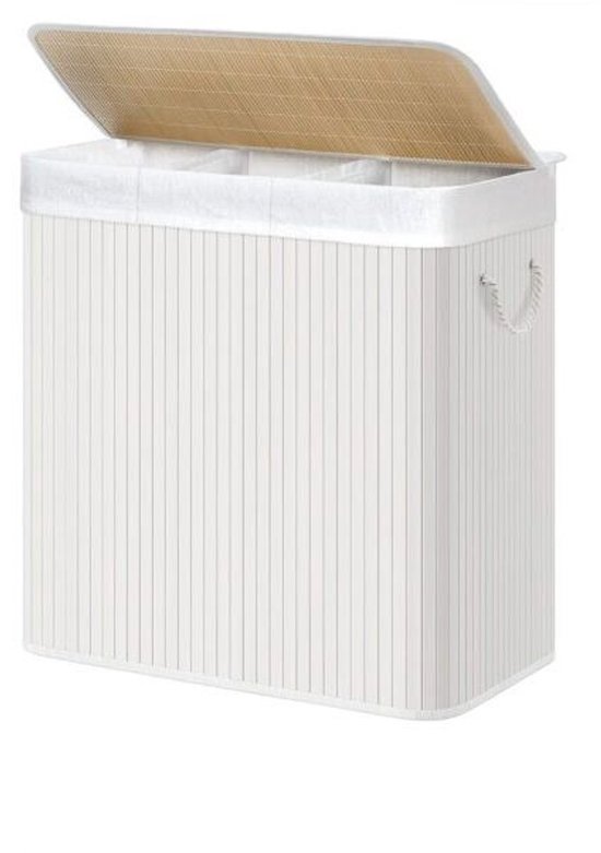 Hoppa! Panier à linge, récupérateur de linge, en bambou, panier à linge avec poignées, 3 compartiments, couvercle avec clips, 150 L, pliable, pour buanderie, chambre, salle de bain, blanc
