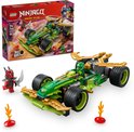 De doos en de LEGO Ninjago racewagen (71828) met groene en gouden details, plus twee minifiguren.