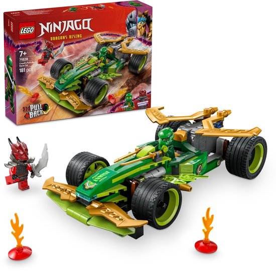 De doos en de LEGO Ninjago racewagen (71828) met groene en gouden details, plus twee minifiguren.