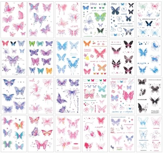 Foto: Vlindertatoeages 24 vellen glittervlinders tijdelijke kleurrijke gezichtsstickers voor muziekfestivals bals feesten en cosplay 